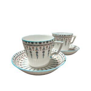 1915 Royal Copenhagen Hand-Painted Turquoise Demitasse Cup W Saucers Antique (2)